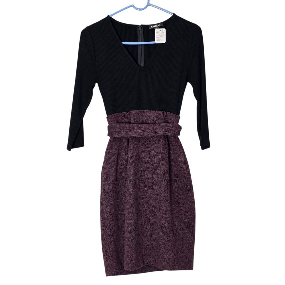 Express Women's Black Ribbed Top & Maroon Tweed Skirt w. Sash Tie Dress XS